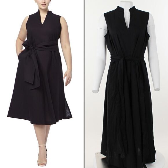 Anne Klein Plus Size Belted MIDI Dress - Anne Black - Picture 1 of 5